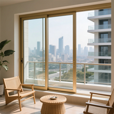 Ventana corrediza de aluminio tono dorado de 1,2 mm con cierre multipunto